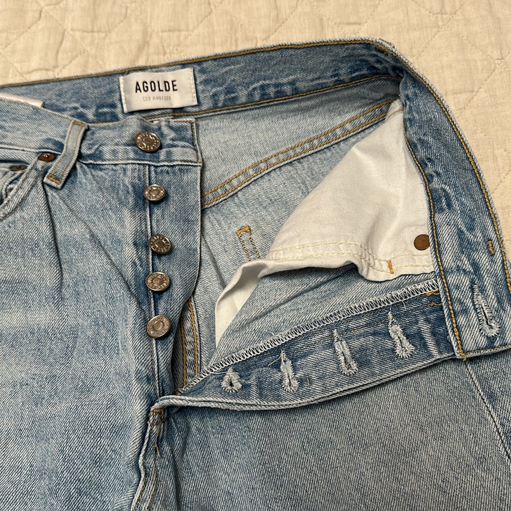 Aritzia Agolde - Riley High Waist Crop Jean - Ripped Blue Size 24 - Shatter Wash - Picture 3 of 9